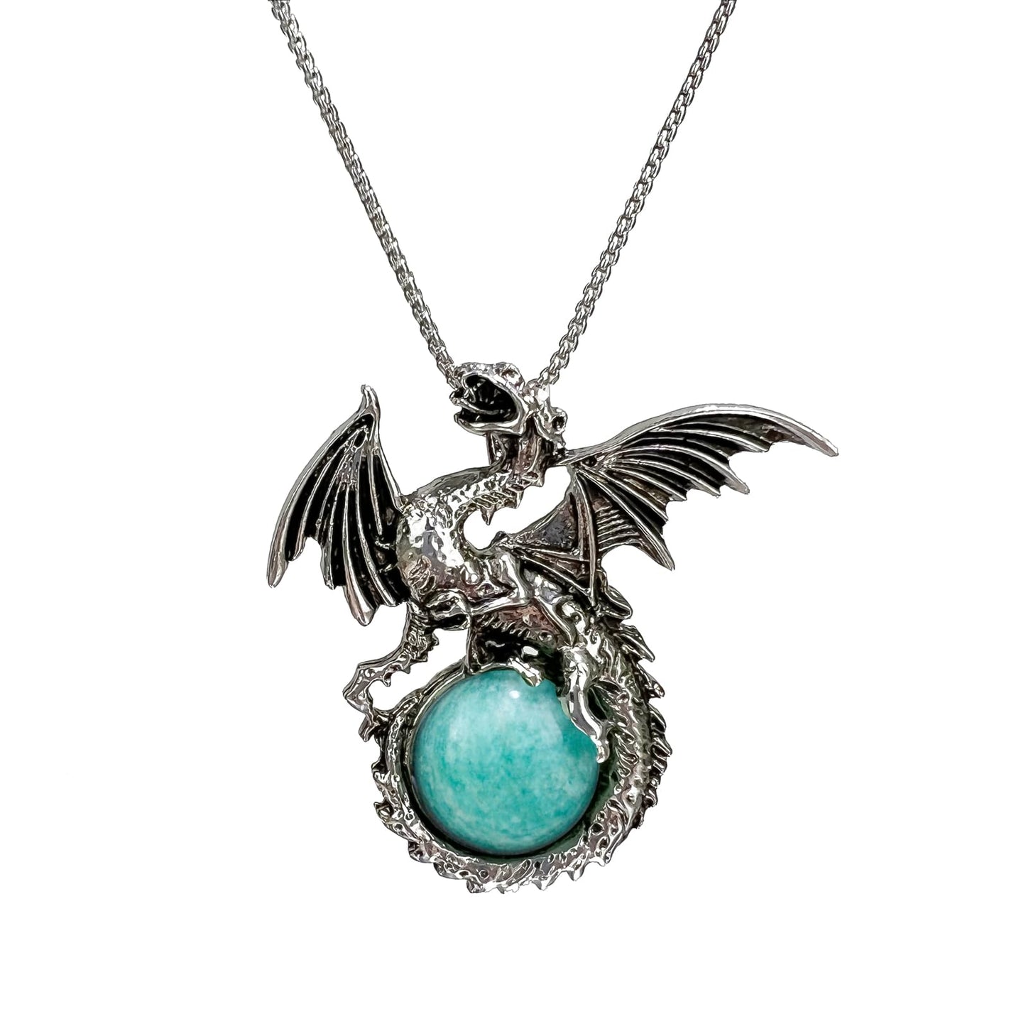 LDADAN Dragon Necklace for Men Women Unique Necklace Crystal Necklace Natural Gemstone Necklace Dragon Jewelry Dinosaur Necklace Silver Dragon Pendant Necklace for Gifts (Amazonite) - SkyeDragon Gifts