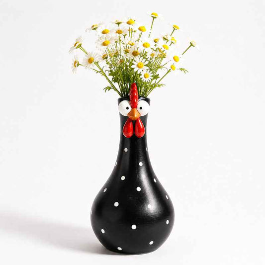 Hand-Painted Rooster Vase Sculpture | Long Neck Cartoon Rooster Decor with Colorful Polka Dots | Waterproof Resin Home Accent
