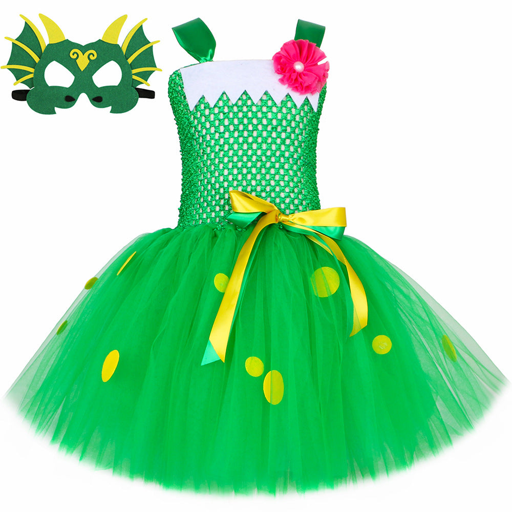 Fancy Halloween Kids Knight Dragon Costume Cosplay Green Dinosaur Performance Dress for Girls Tulle Dress