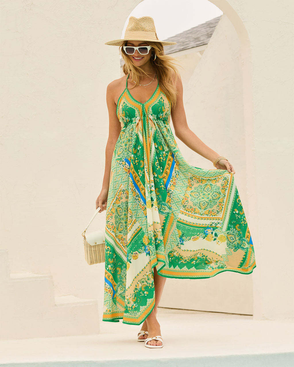 Printed fairy style long dress with elegant temperament big swing dress for women