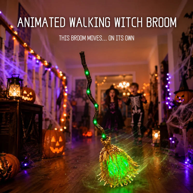 Glowing Witch Broom Halloween Decoration with Lights Sound and Auto Bounce