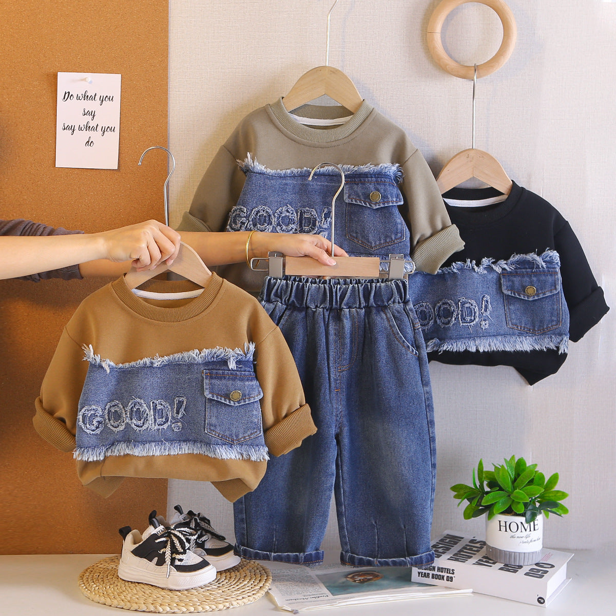 Splicing denim letter hoodie spring long sleeved two-piece set - SkyeDragon Gifts