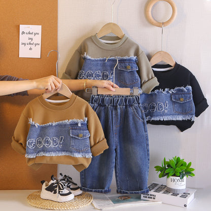 Splicing denim letter hoodie spring long sleeved two-piece set - SkyeDragon Gifts