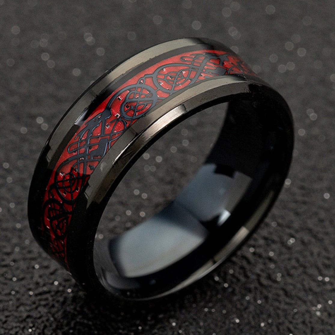 Men's 8mm Red Carbon Fiber Black Celtic Dragon Tungsten Carbide Ring Men Comfort Fit Wedding Rings - SkyeDragon Gifts