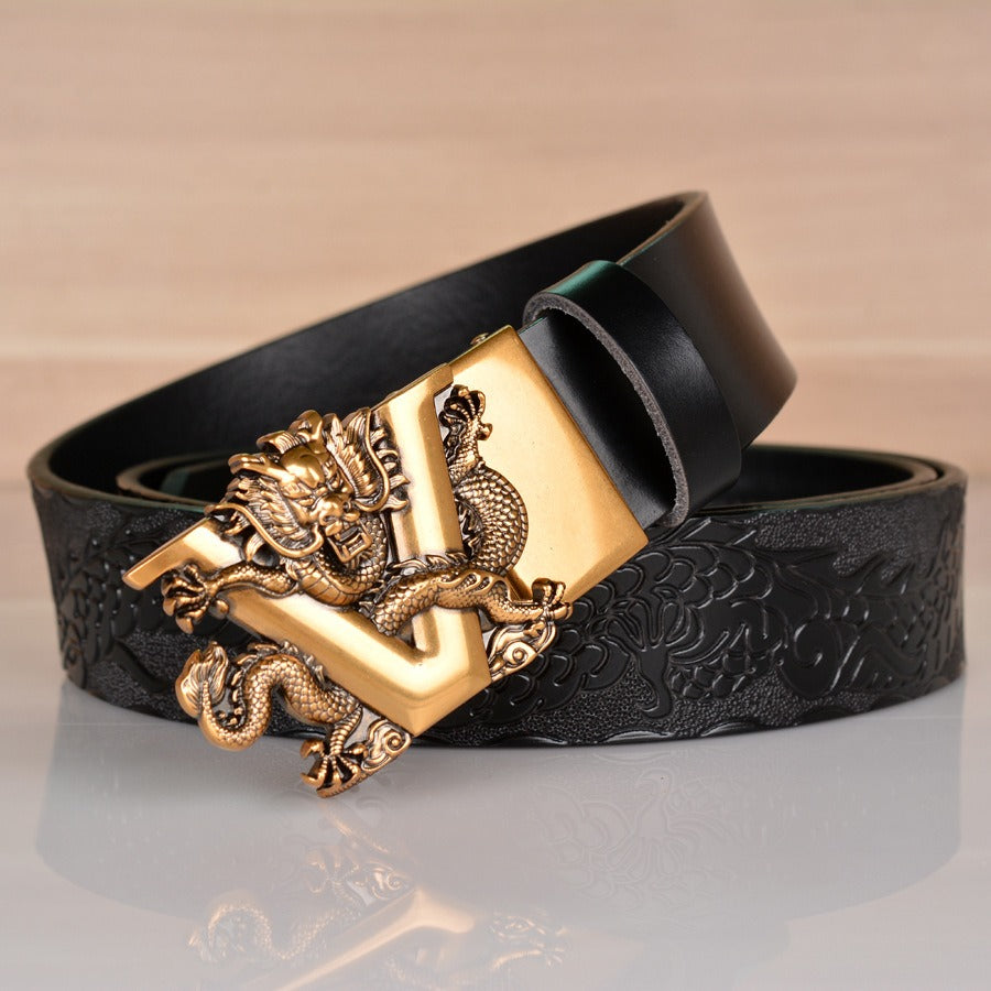 Dragon Embossed Leather Belt – Handcrafted V-Dragon Automatic Buckle - SkyeDragon Gifts