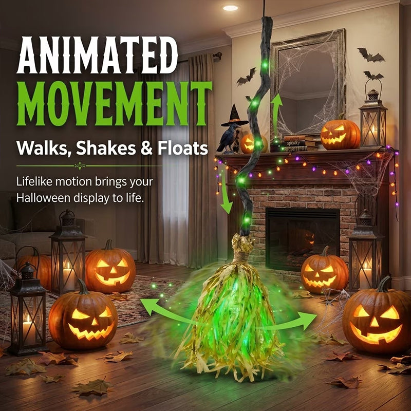 Glowing Witch Broom Halloween Decoration with Lights Sound and Auto Bounce