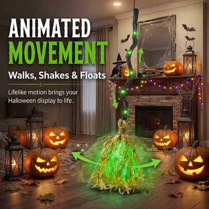 Glowing Witch Broom Halloween Decoration with Lights Sound and Auto Bounce