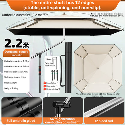 2.0-2.6m Octagonal Fishing Umbrella Portable Beach Sun Shade Camping Parasol UV Waterproof with Carry Bag - SkyeDragon Gifts