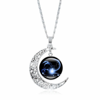 Zodiac Time Gem Luminous Necklace for Women, Simple Silver Moon Pendant Choker - SkyeDragon Gifts
