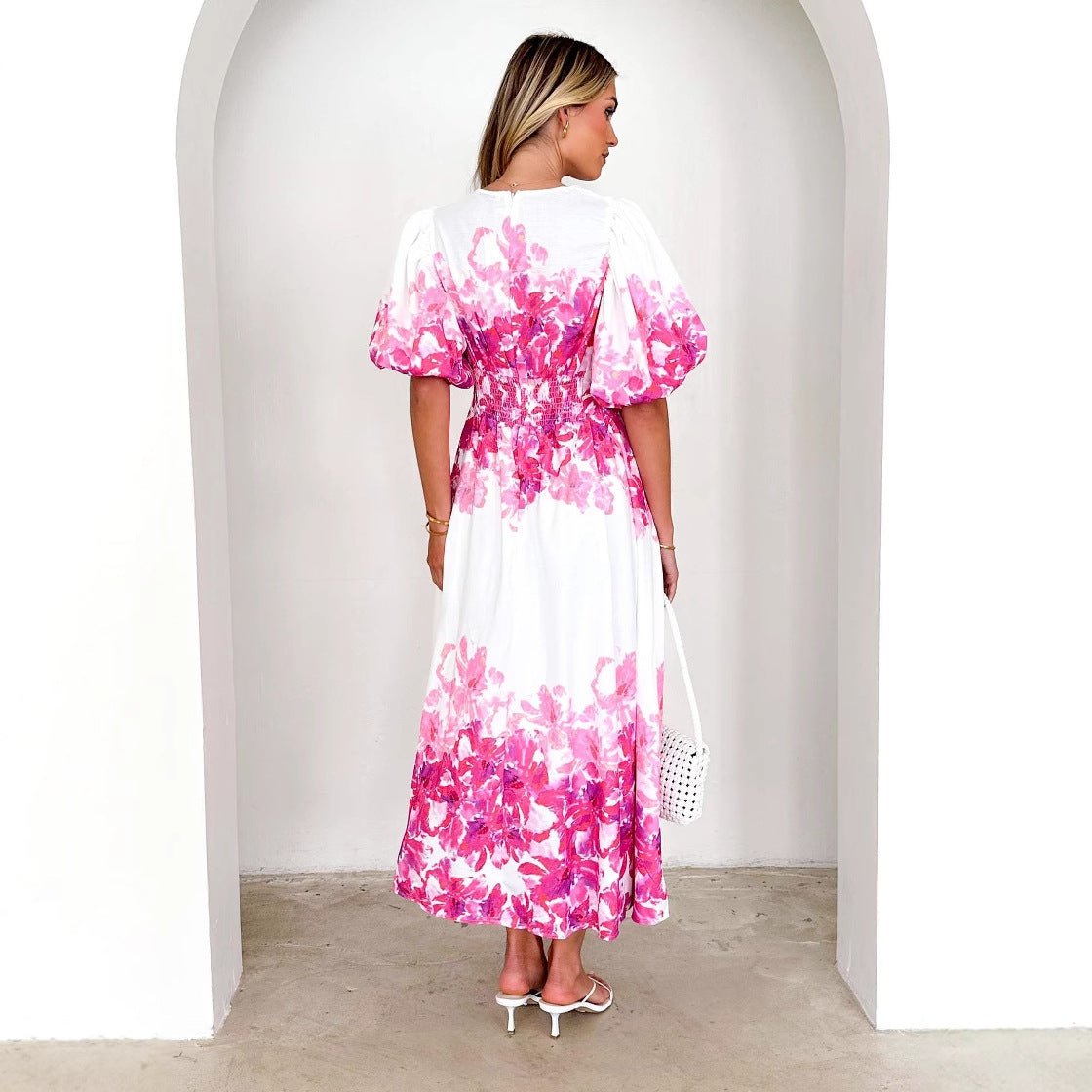 Strap print fairy style medium long style dress with a large swing for women