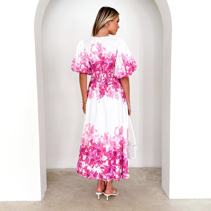 Strap print fairy style medium long style dress with a large swing for women
