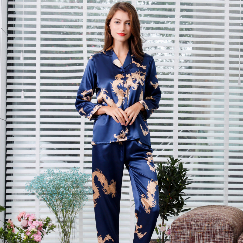 Simulated silk couple sleepwear new long sleeved set men's and women's V-neck silk printed dragon and phoenix home clothes - SkyeDragon Gifts
