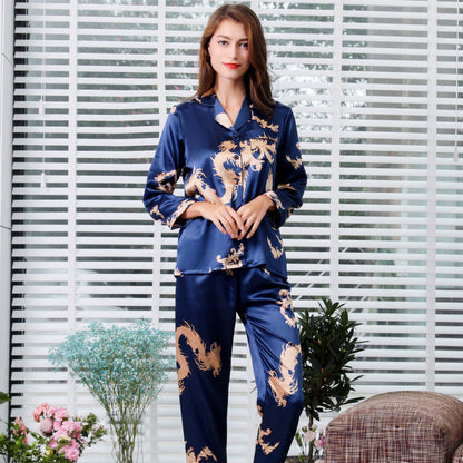 Simulated silk couple sleepwear new long sleeved set men's and women's V-neck silk printed dragon and phoenix home clothes - SkyeDragon Gifts