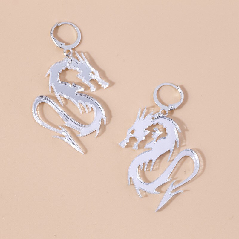 Chinese Style Metal Arcylic Dragon Earrings Punk Cool Gold Silver Color Mirror Surface Animal Drop Earrings for Women Jewelry - SkyeDragon Gifts