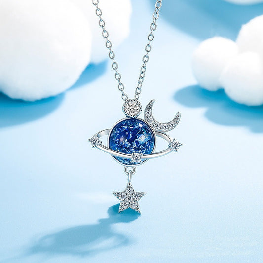 Fantasy Universe Planet Necklace with Small Design Sense Star Moon Set Zirconia Lock Bone Chain Necklace - SkyeDragon Gifts