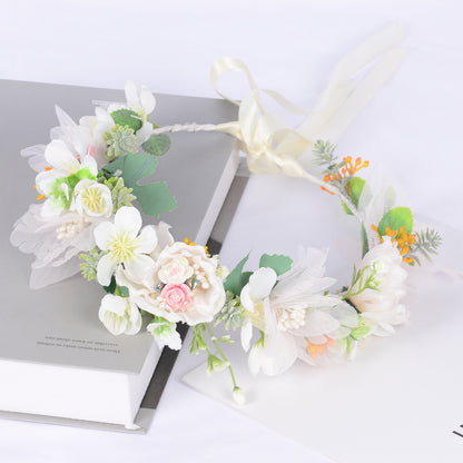 Korean style super fairy bride headdress simulation flower green leaf hair accessory sweet girl Hanfu wedding headdress wreath