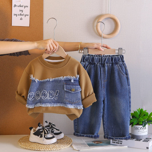 Splicing denim letter hoodie spring long sleeved two-piece set - SkyeDragon Gifts