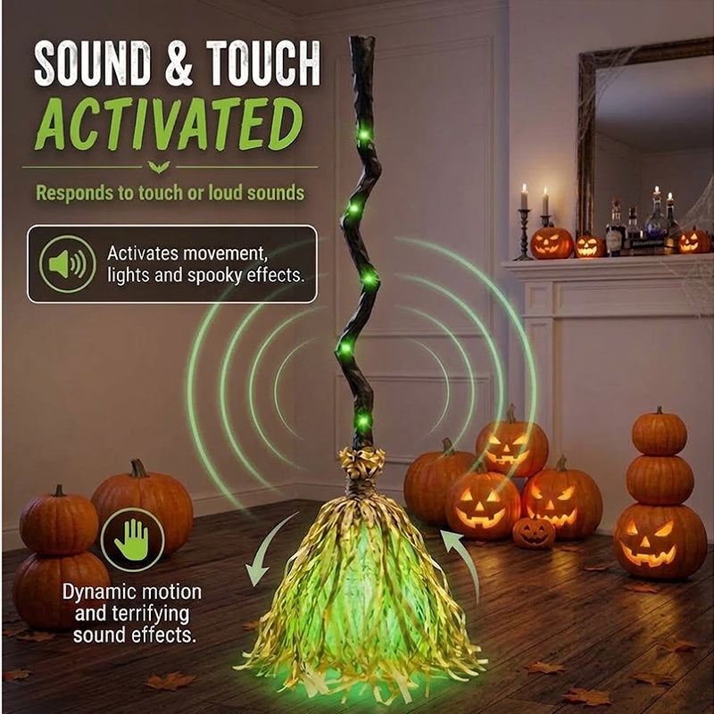 Glowing Witch Broom Halloween Decoration with Lights Sound and Auto Bounce