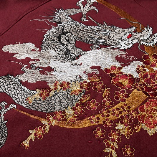 Sweatshirt men green dragon embroidery national trend pure cotton outer sweater autumn and winter plus velvet thick style - SkyeDragon Gifts