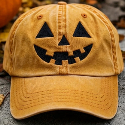 Halloween Pumpkin Smile Embroidered Baseball Cap, Washed Vintage Outdoor Sun Protection Duckbill Hat - SkyeDragon Gifts