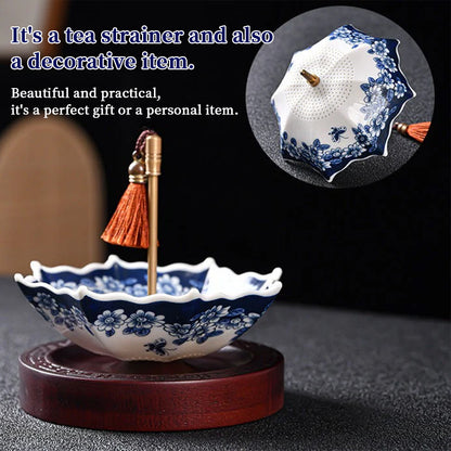 Blue & White Porcelain Umbrella Tea Strainer with Tassel – Chinese Style Ceramic Tea Filter - SkyeDragon Gifts