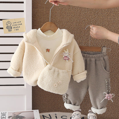 Girls' Floral Rabbit Print Fleece Lined Winter Three-Piece Set