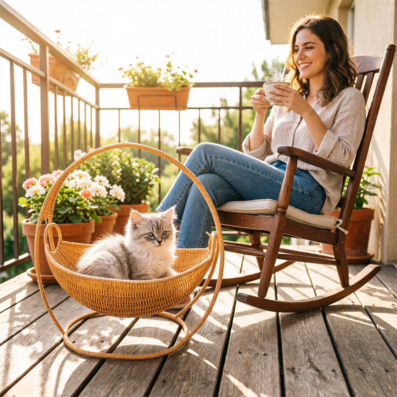 Rattan Cat Bed & House - Waterproof Wicker Cat Cave, Indoor Cat Hammock & Basket Set - SkyeDragon Gifts