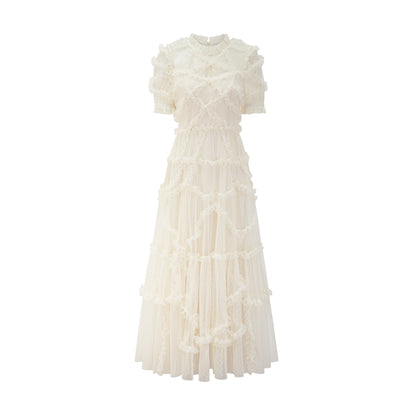 Sweet Ruffle Lace Fairy Dress Mesh Waist-Cinching Slimming Formal Gown French Fashion Dress
