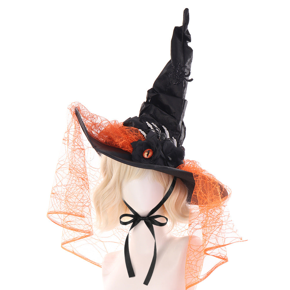 Halloween Ruffled Lace Witch Hat for Party, Costume Cosplay, Black Bone Decorated Wizard Hat - SkyeDragon Gifts