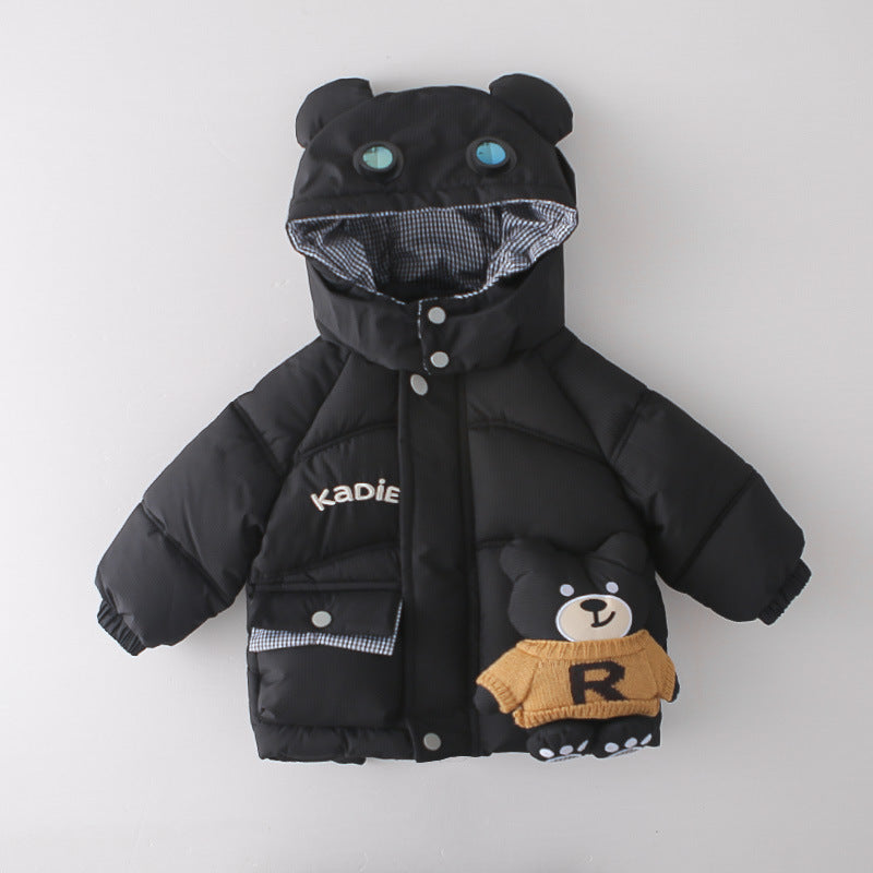 Boys Winter Warm Fleece-Lined 3-Piece Set Bear Pattern Cotton Padded Jacket Outfits Toddler Clothes