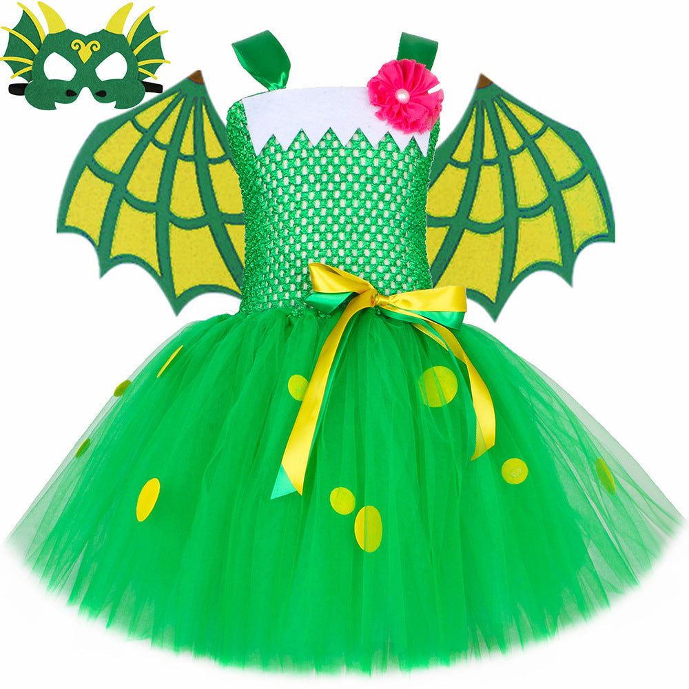 Fancy Halloween Kids Knight Dragon Costume Cosplay Green Dinosaur Performance Dress for Girls Tulle Dress