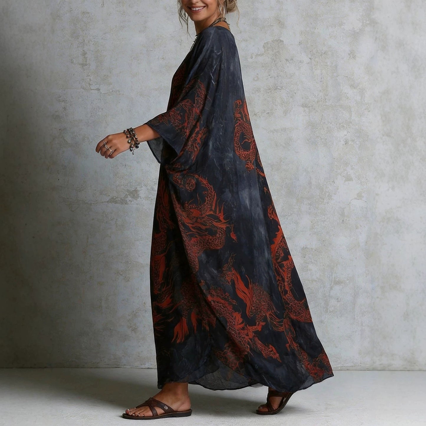 Dragon print beach vacation long dress outerwear - SkyeDragon Gifts