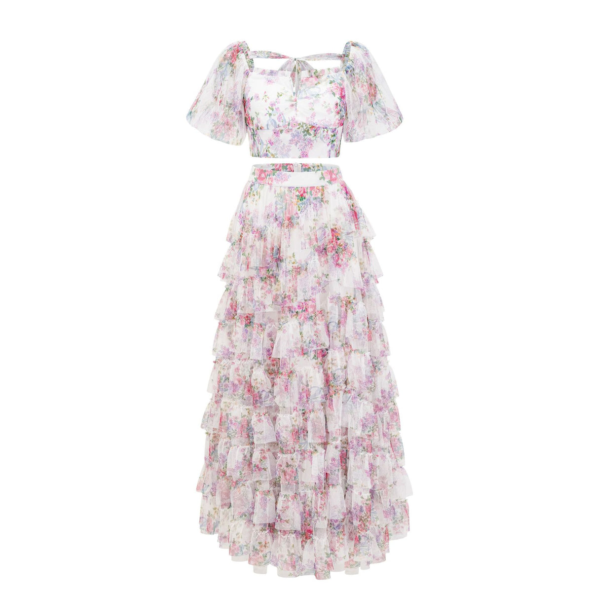 Womens Floral Embroidered Crop Top High Waist Maxi Skirt Set