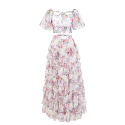 Womens Floral Embroidered Crop Top High Waist Maxi Skirt Set