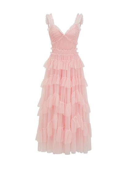 Sweet and Cute Strapless Dress V-neck High Waist Tiered Skirt Lolita Fairy Dress