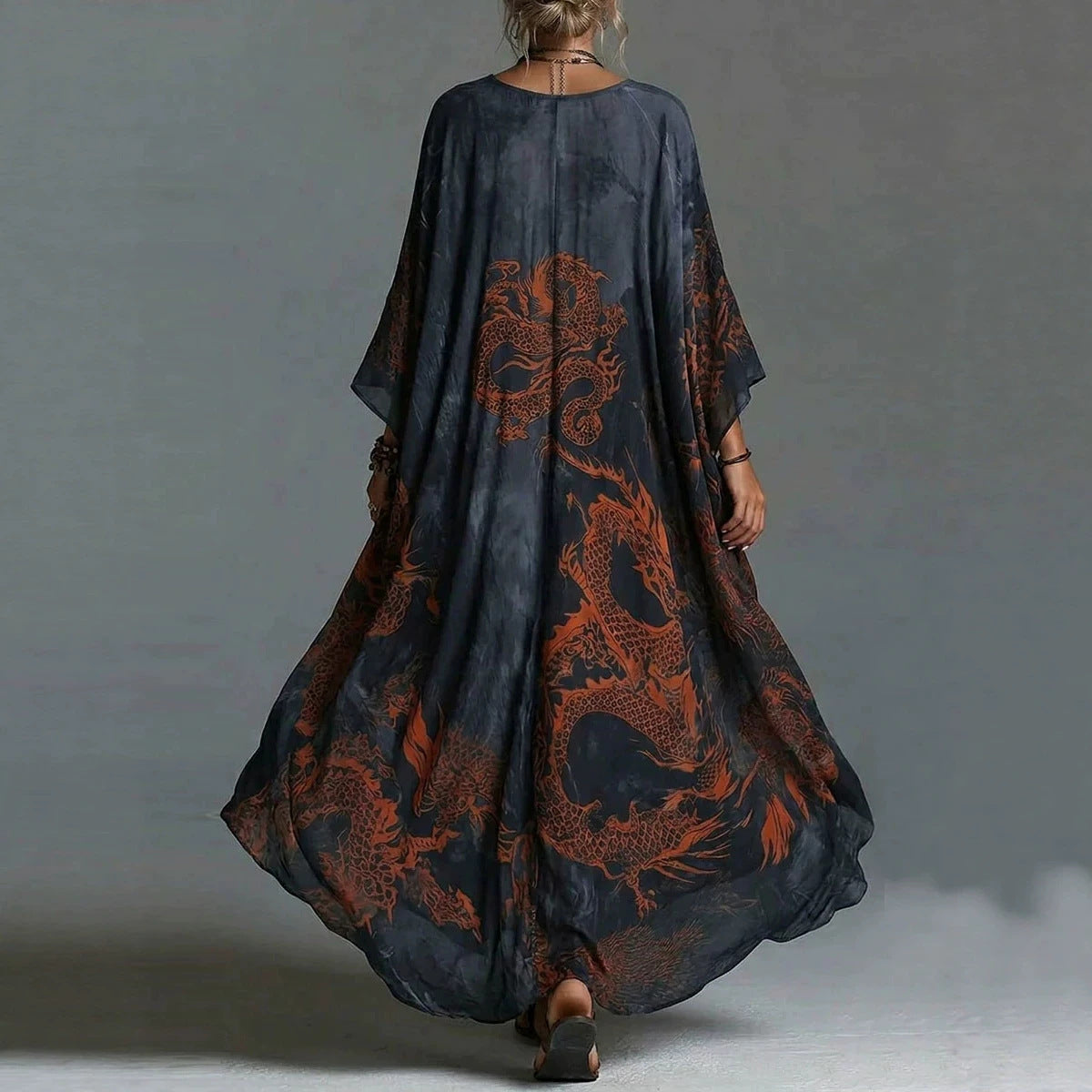 Dragon print beach vacation long dress outerwear - SkyeDragon Gifts
