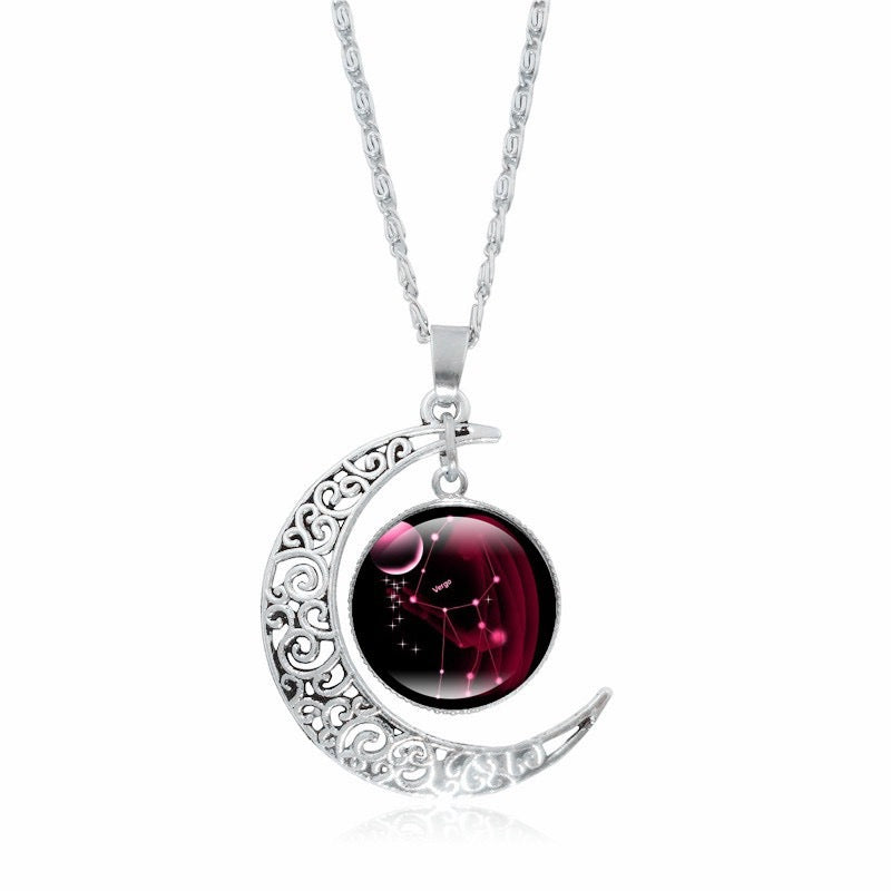 Zodiac Time Gem Luminous Necklace for Women, Simple Silver Moon Pendant Choker - SkyeDragon Gifts