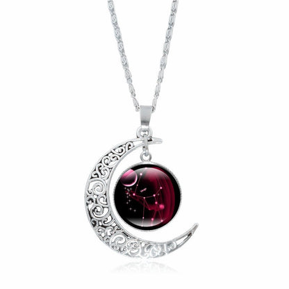 Zodiac Time Gem Luminous Necklace for Women, Simple Silver Moon Pendant Choker - SkyeDragon Gifts