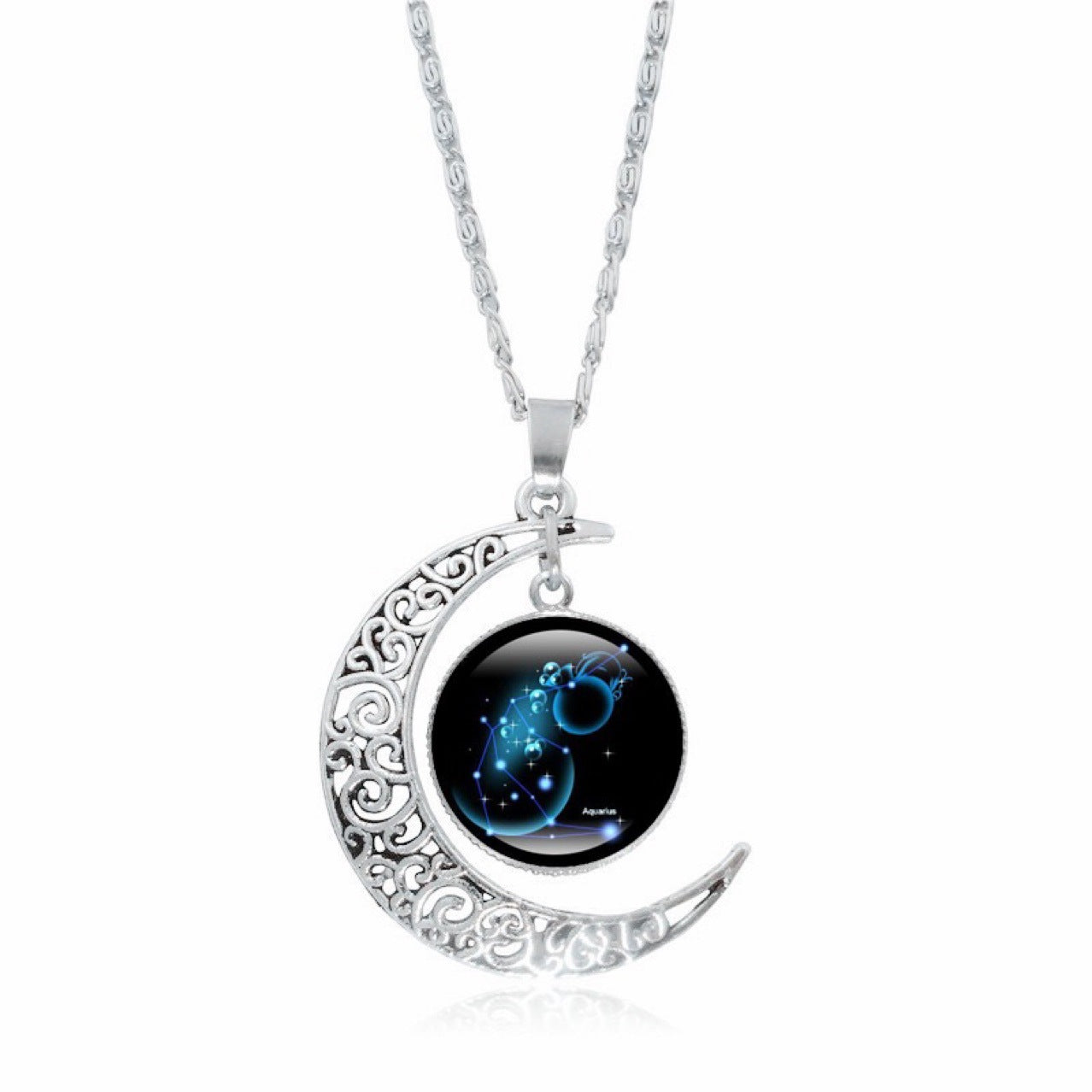 Zodiac Time Gem Luminous Necklace for Women, Simple Silver Moon Pendant Choker - SkyeDragon Gifts
