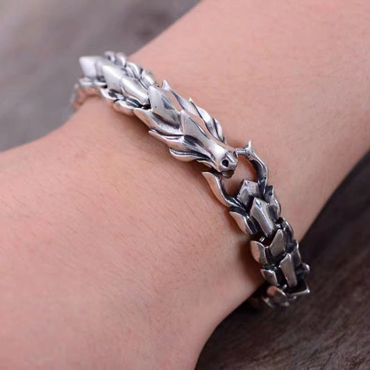 925 Silver-Plated Retro Dragon Head Keel Bracelet Hip-Hop Domineering Exaggerated Punk Hand Jewelry - SkyeDragon Gifts