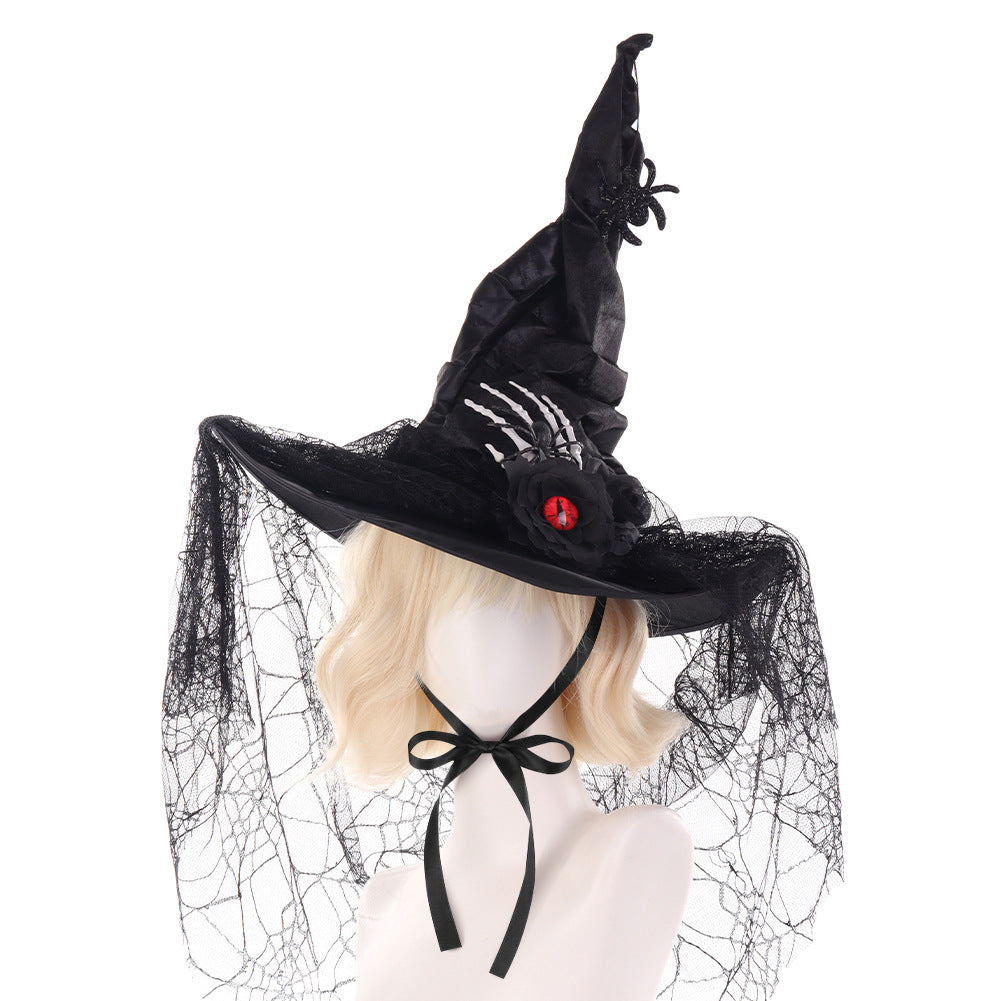 Halloween Ruffled Lace Witch Hat for Party, Costume Cosplay, Black Bone Decorated Wizard Hat - SkyeDragon Gifts