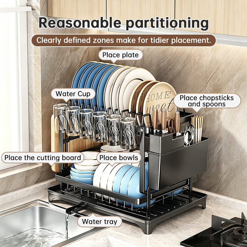 2-Tier Large Capacity Dish Drying Rack, Rustproof Carbon Steel Kitchen Sink Drainer with Cutting Board & Utensil Holder - SkyeDragon Gifts