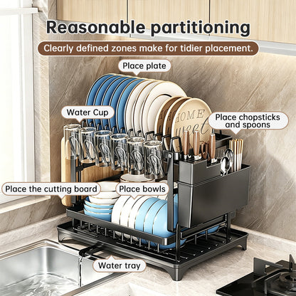 2-Tier Large Capacity Dish Drying Rack, Rustproof Carbon Steel Kitchen Sink Drainer with Cutting Board & Utensil Holder - SkyeDragon Gifts
