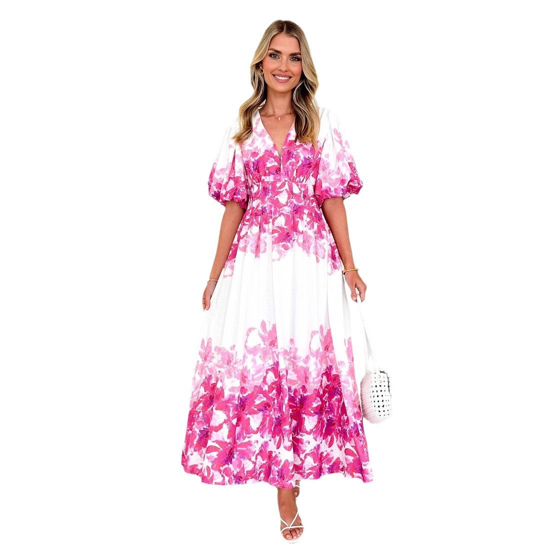 Strap print fairy style medium long style dress with a large swing for women
