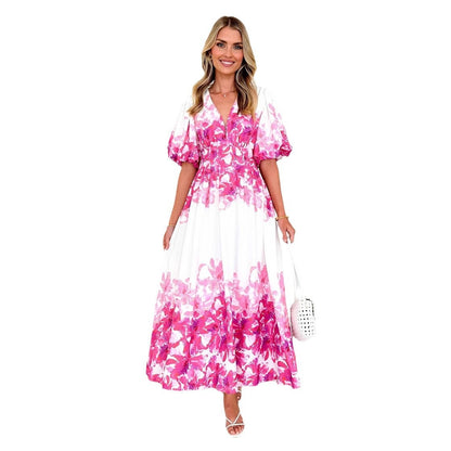 Strap print fairy style medium long style dress with a large swing for women