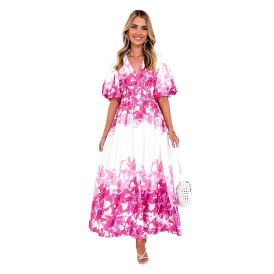 Strap print fairy style medium long style dress with a large swing for women