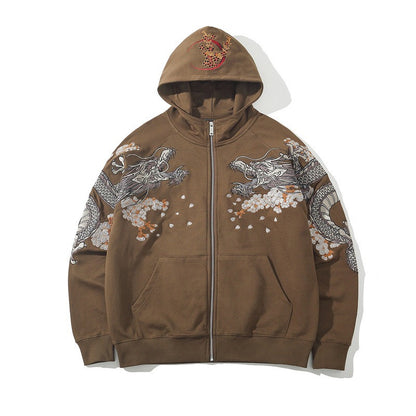Sweatshirt men green dragon embroidered hooded top Japanese fashion versatile autumn and winter sweatshirt jacket - SkyeDragon Gifts
