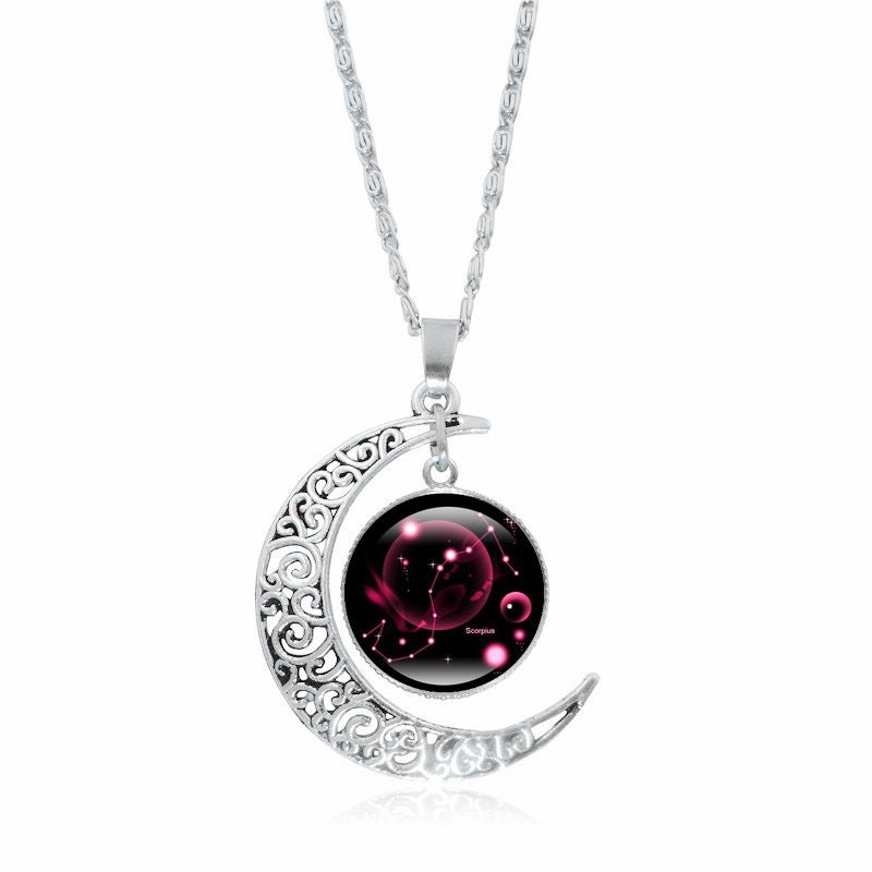 Zodiac Time Gem Luminous Necklace for Women, Simple Silver Moon Pendant Choker - SkyeDragon Gifts
