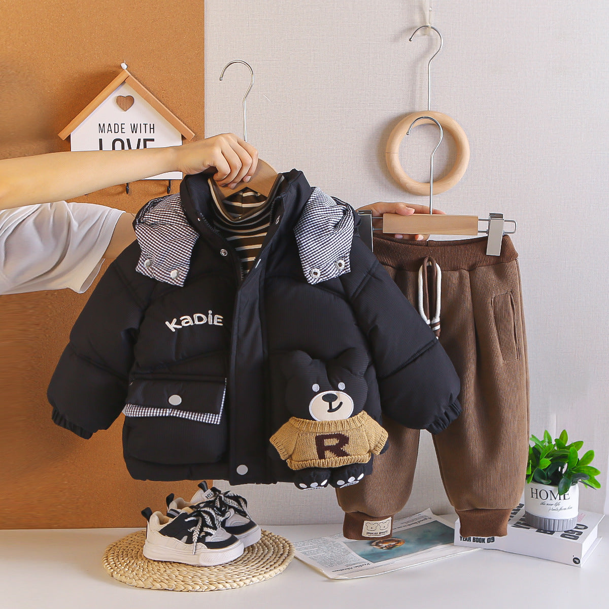 Boys Winter Warm Fleece-Lined 3-Piece Set Bear Pattern Cotton Padded Jacket Outfits Toddler Clothes