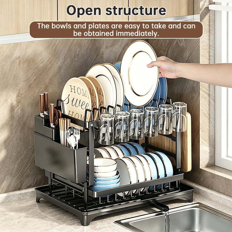 2-Tier Large Capacity Dish Drying Rack, Rustproof Carbon Steel Kitchen Sink Drainer with Cutting Board & Utensil Holder - SkyeDragon Gifts